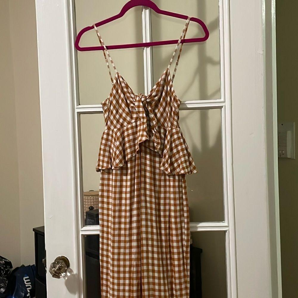 Anthropologie Saylor Laken Orange plaid gingham knot spaghetti ruffle romper - Picture 3 of 13